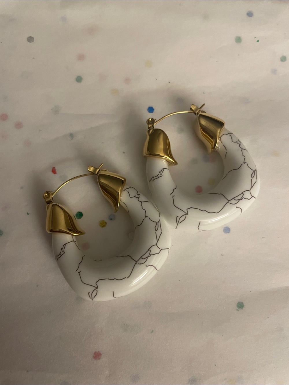 Gold & White Marble Hoop Earrings
